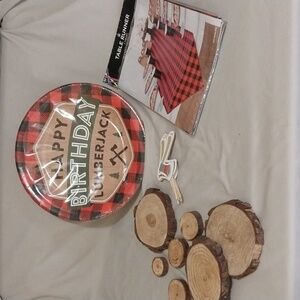 Lumberjack Theme Party Supplies- Table Runner, Plates, Axe Cupcake Toppers